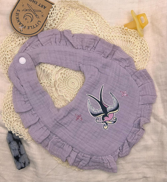 Muslin Frill Bib - Lilac Swallow with Sparkles