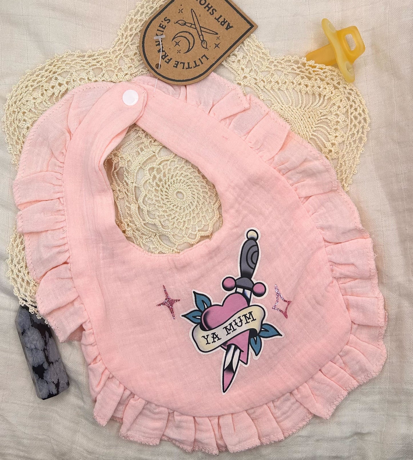 Muslin Frill Bib - Pink 'Ya Mum' with Sparkles