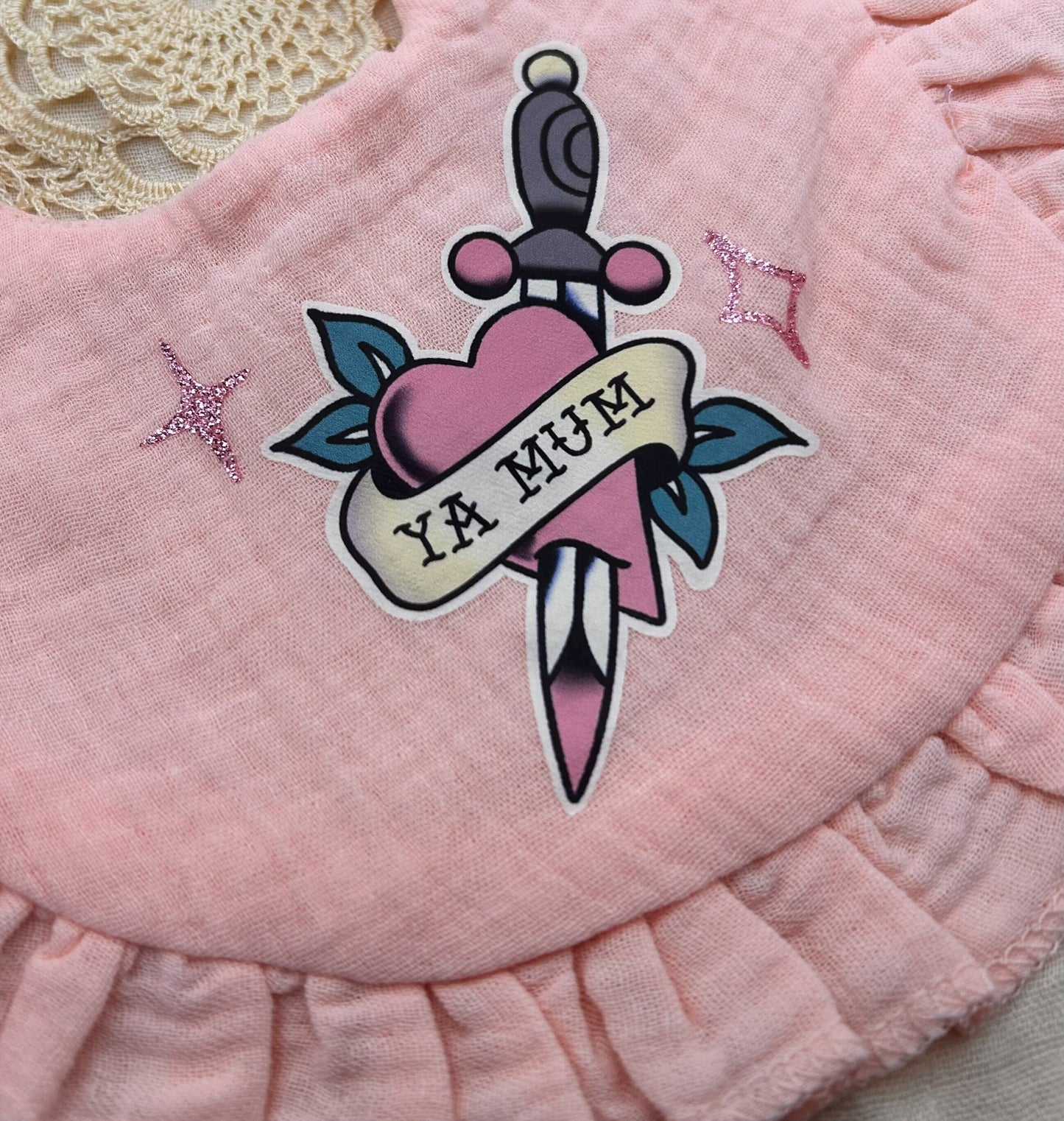 Muslin Frill Bib - Pink 'Ya Mum' with Sparkles