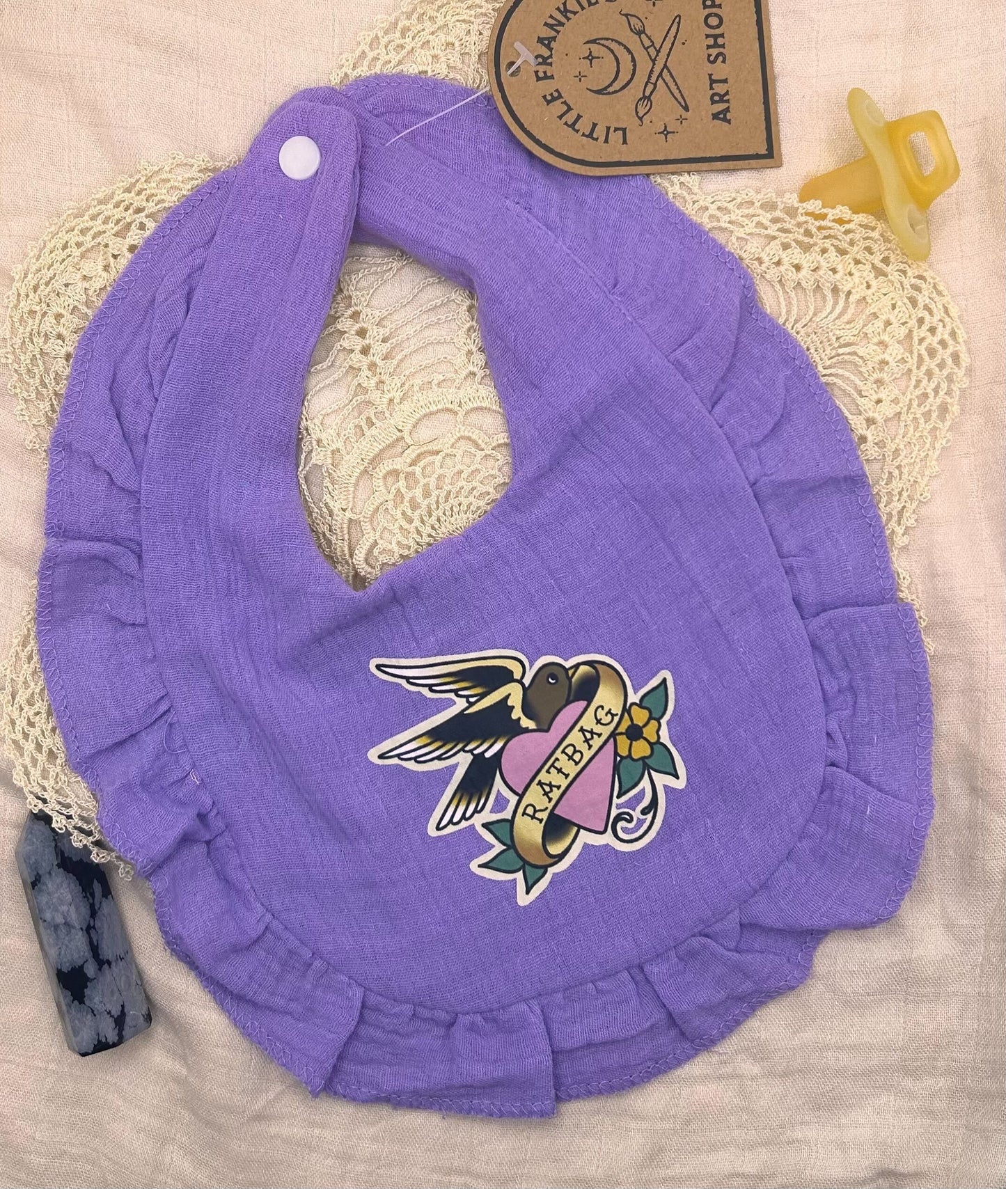 Muslin Frill Bib - Purple 'Ratbag'