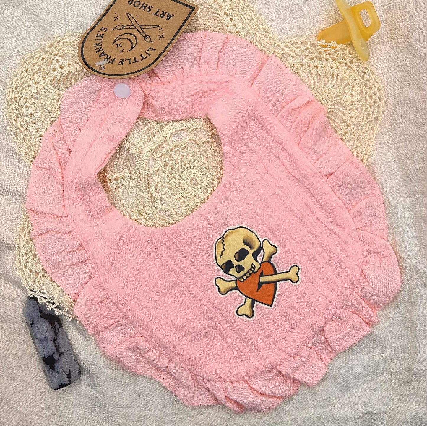 Muslin Frill Bib - Pink Skull and Heart