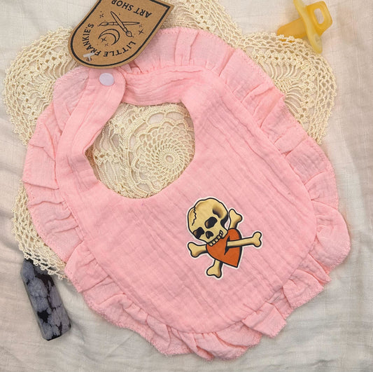 Muslin Frill Bib - Pink Skull and Heart