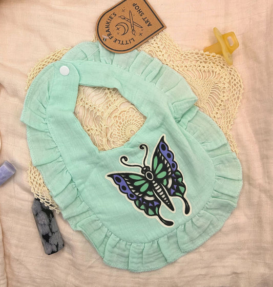 Muslin Frill Bib - Green Butterfly