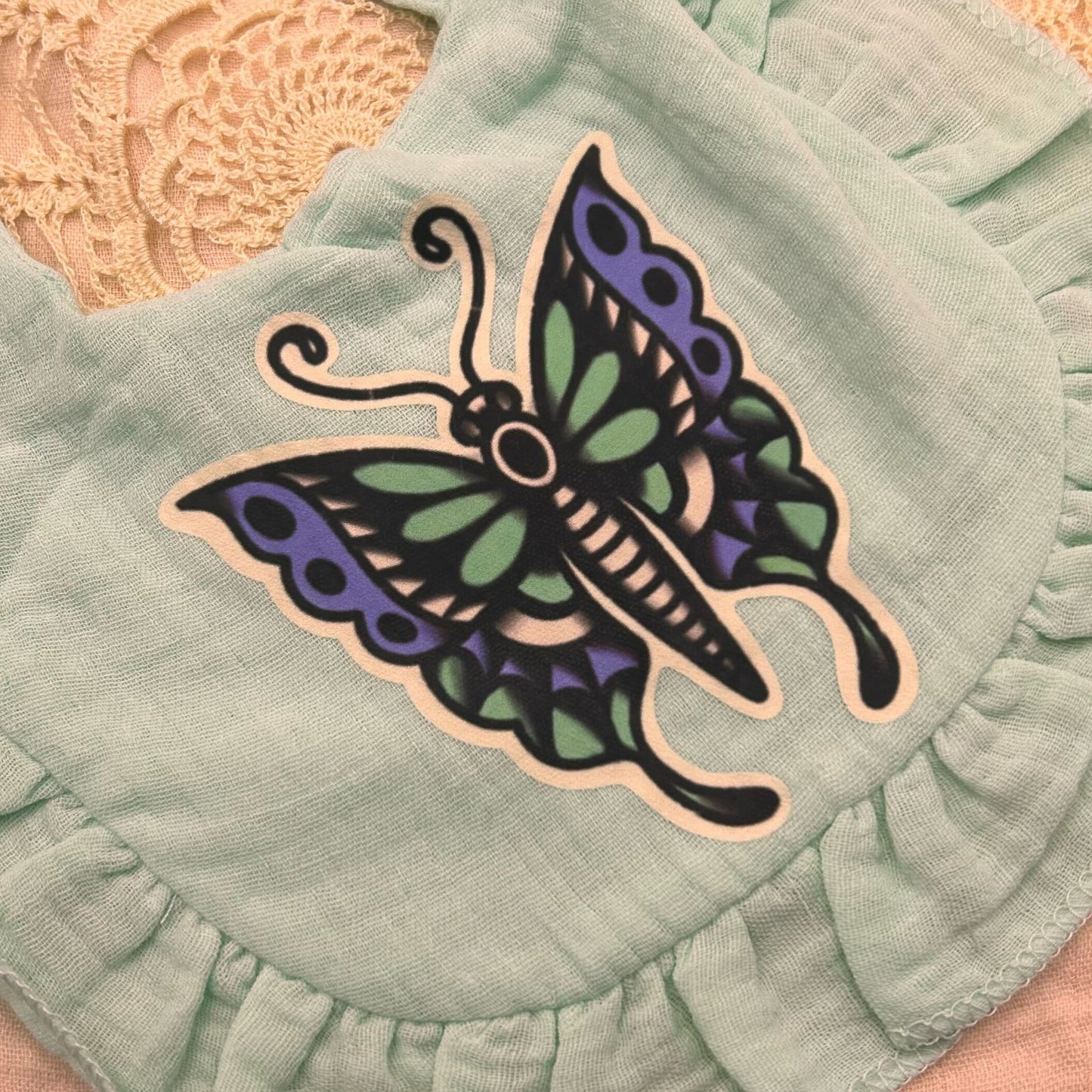 Muslin Frill Bib - Green Butterfly