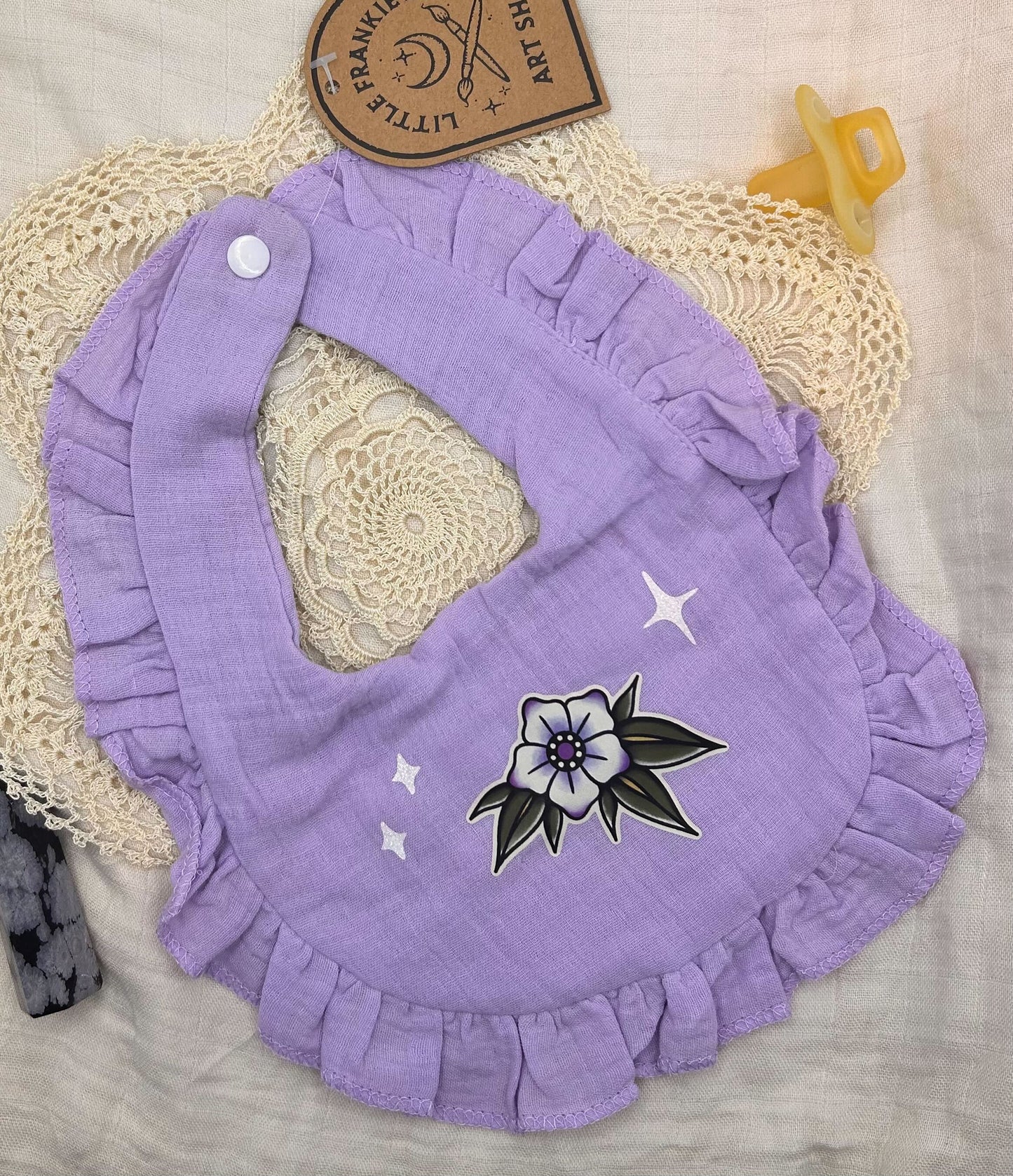 Muslin Frill Bib - Purple Blossom with Sparkles