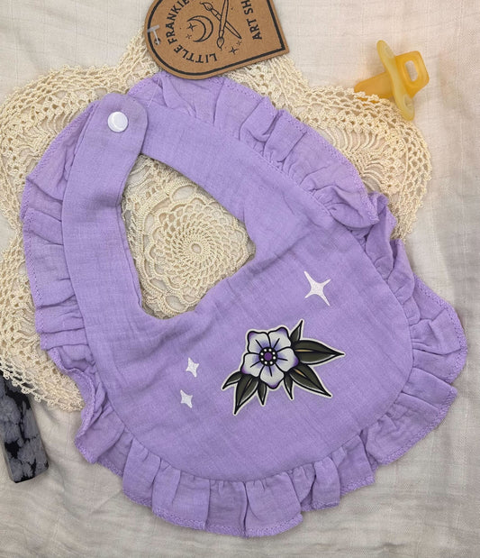 Muslin Frill Bib - Purple Blossom with Sparkles