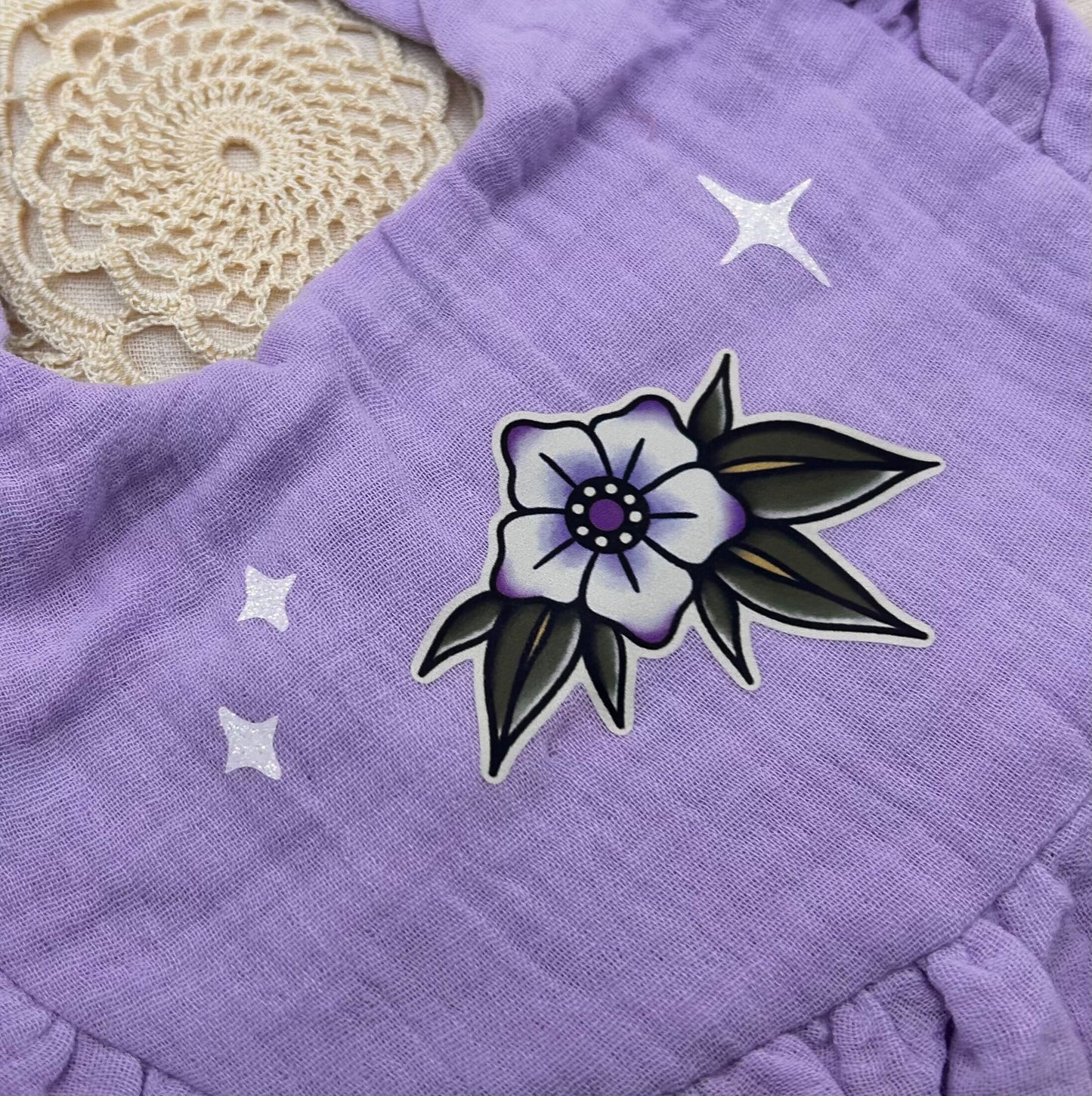 Muslin Frill Bib - Purple Blossom with Sparkles