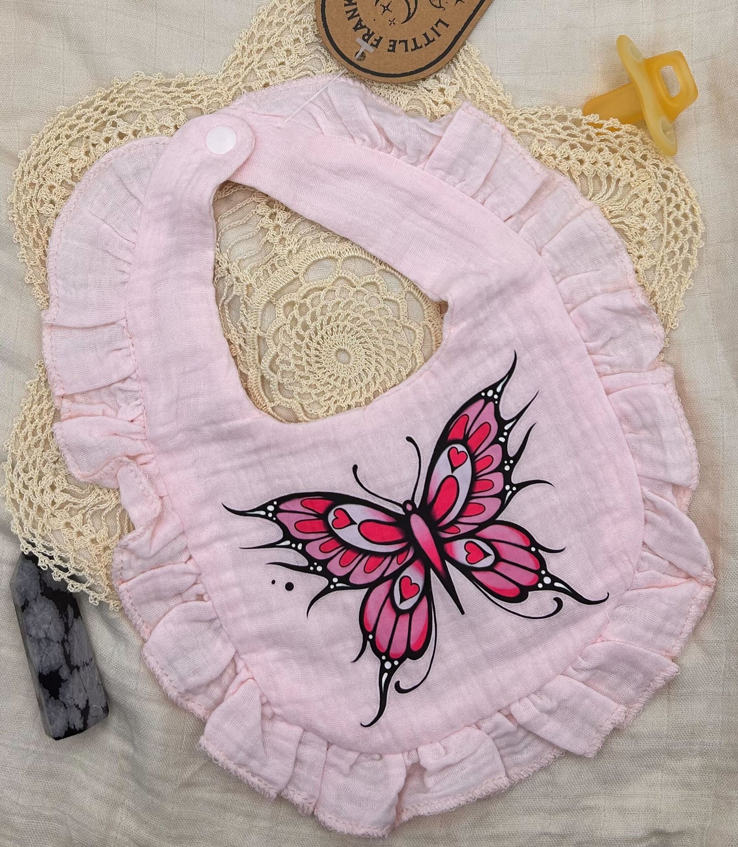 Muslin Frill Bib - Pale Pink Neo Butterfly