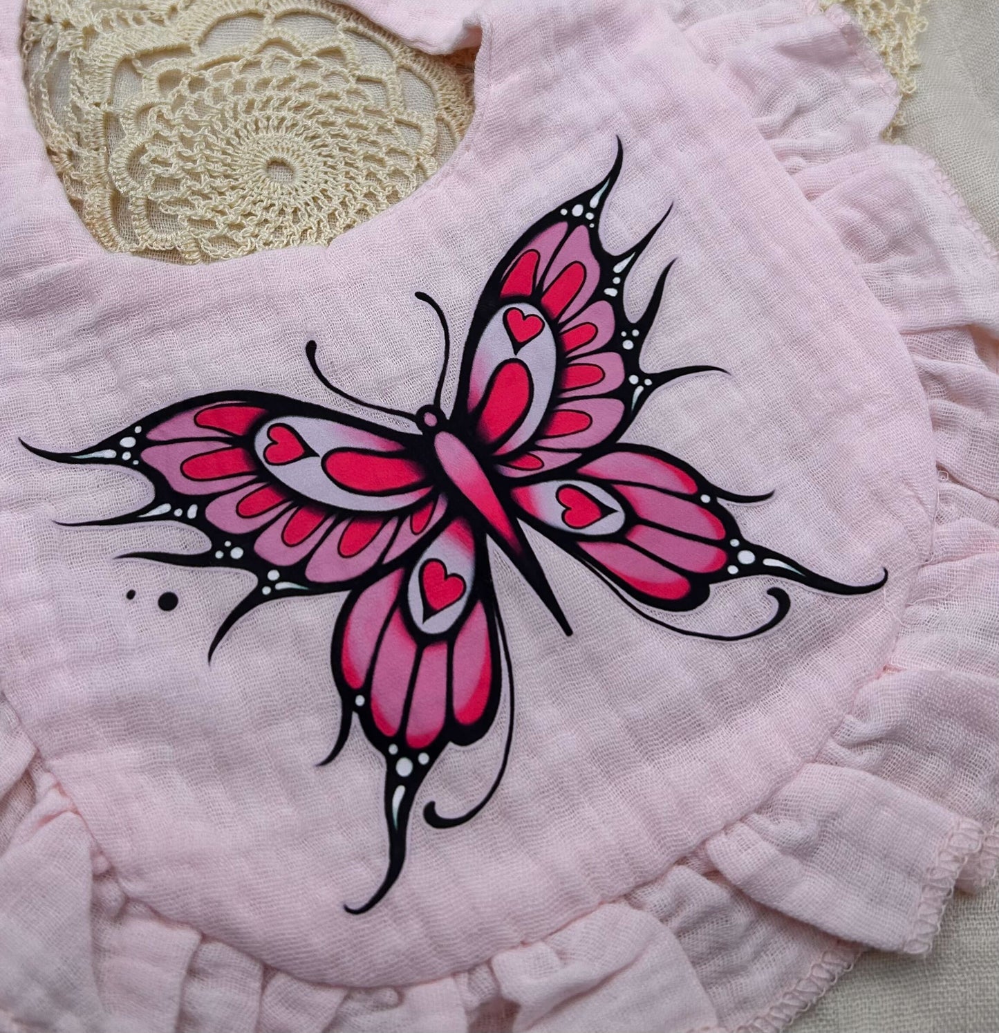 Muslin Frill Bib - Pale Pink Neo Butterfly