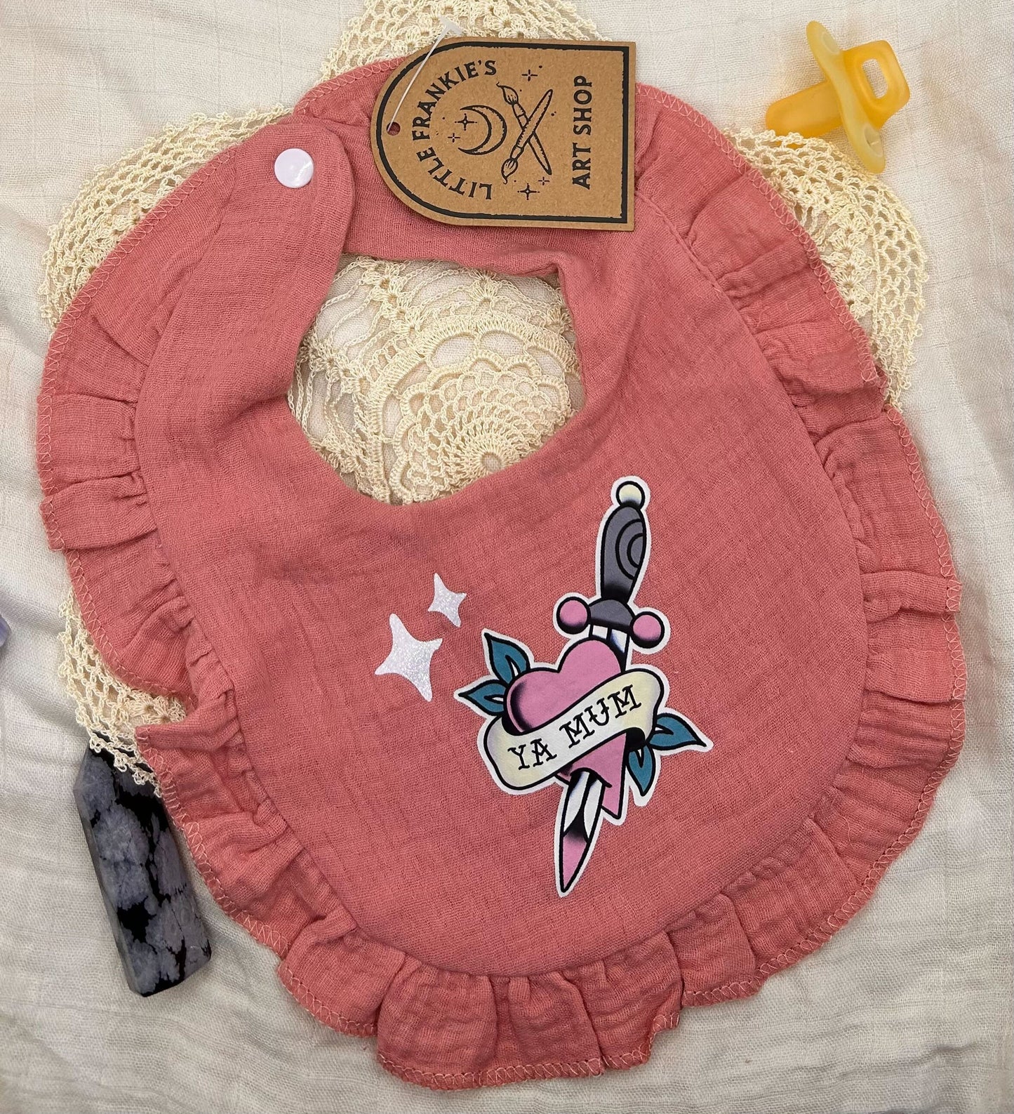 Muslin Frill Bib - Pink 'Ya Mum' with Sparkles