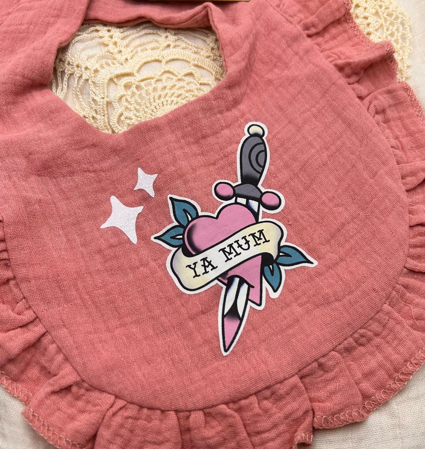 Muslin Frill Bib - Pink 'Ya Mum' with Sparkles