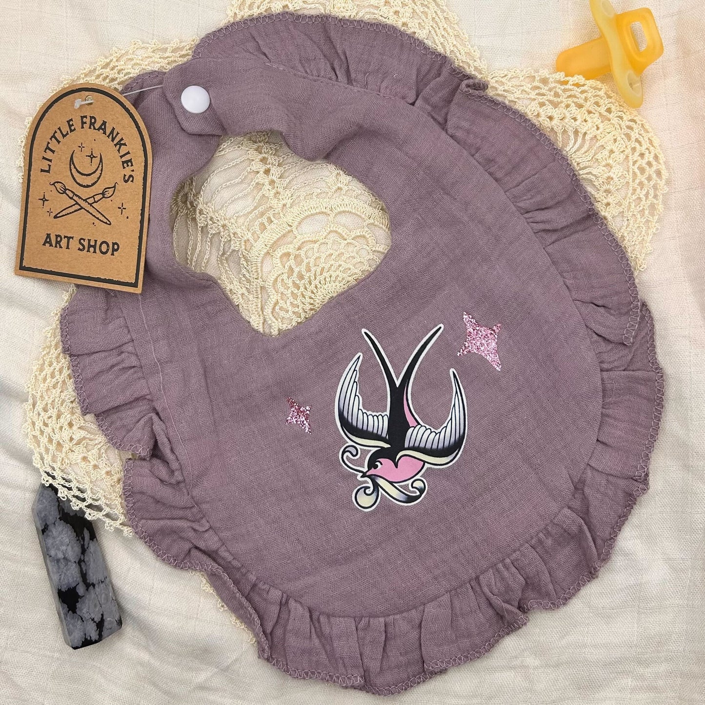 Muslin Frill Bib - Mauve Swallow with Sparkles