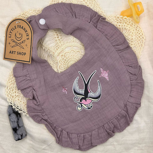 Muslin Frill Bib - Mauve Swallow with Sparkles