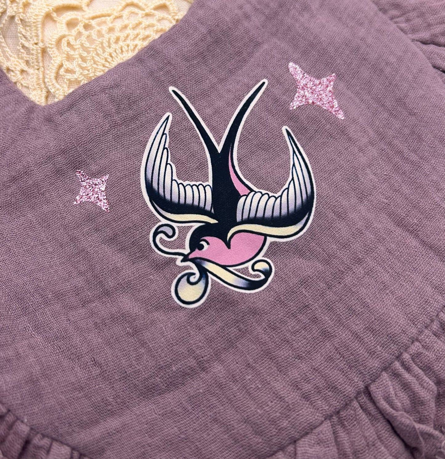 Muslin Frill Bib - Mauve Swallow with Sparkles