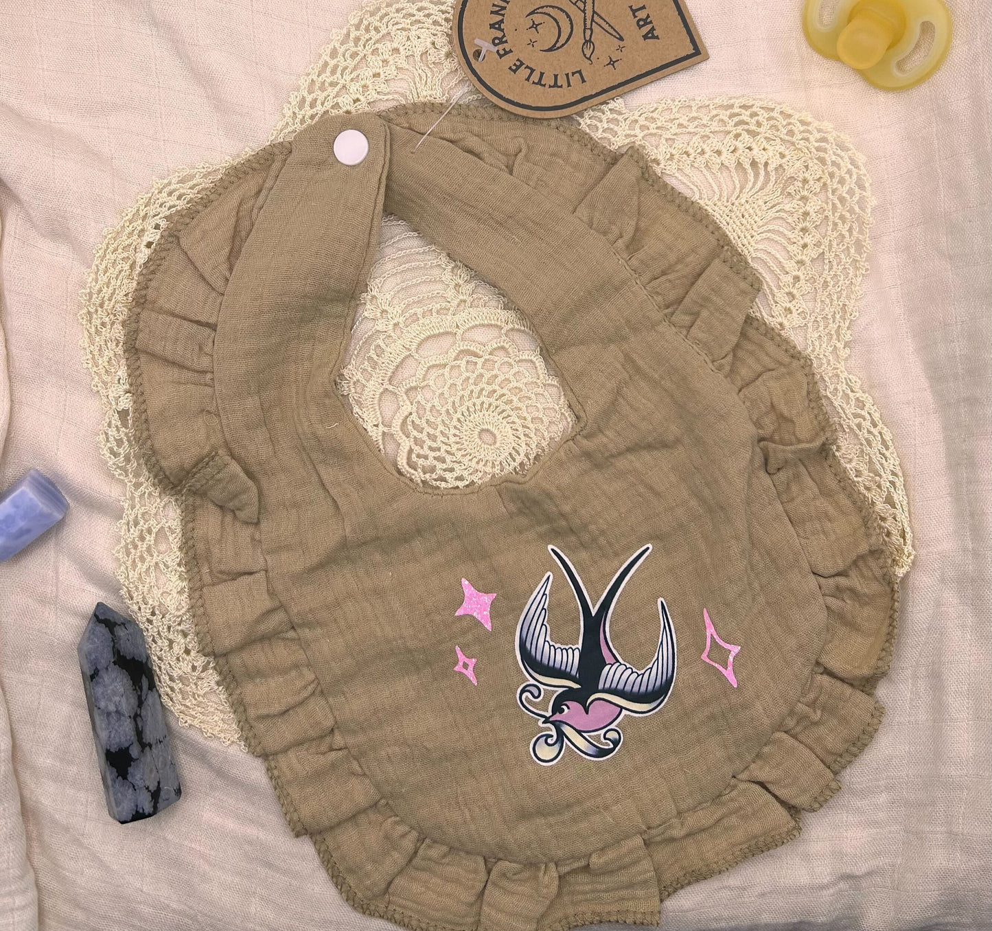 Muslin Frill Bib - Brown Swallow with Sparkles