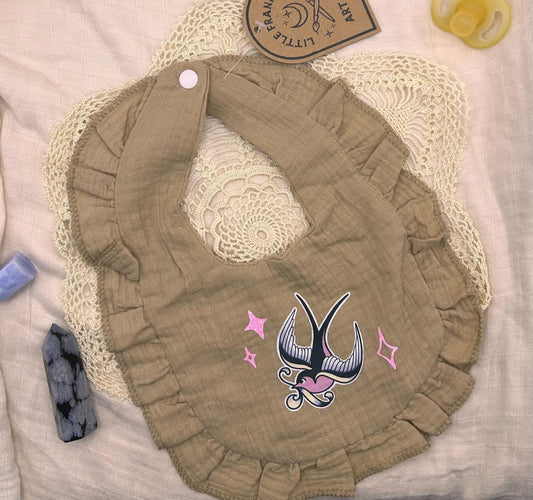 Muslin Frill Bib - Brown Swallow with Sparkles