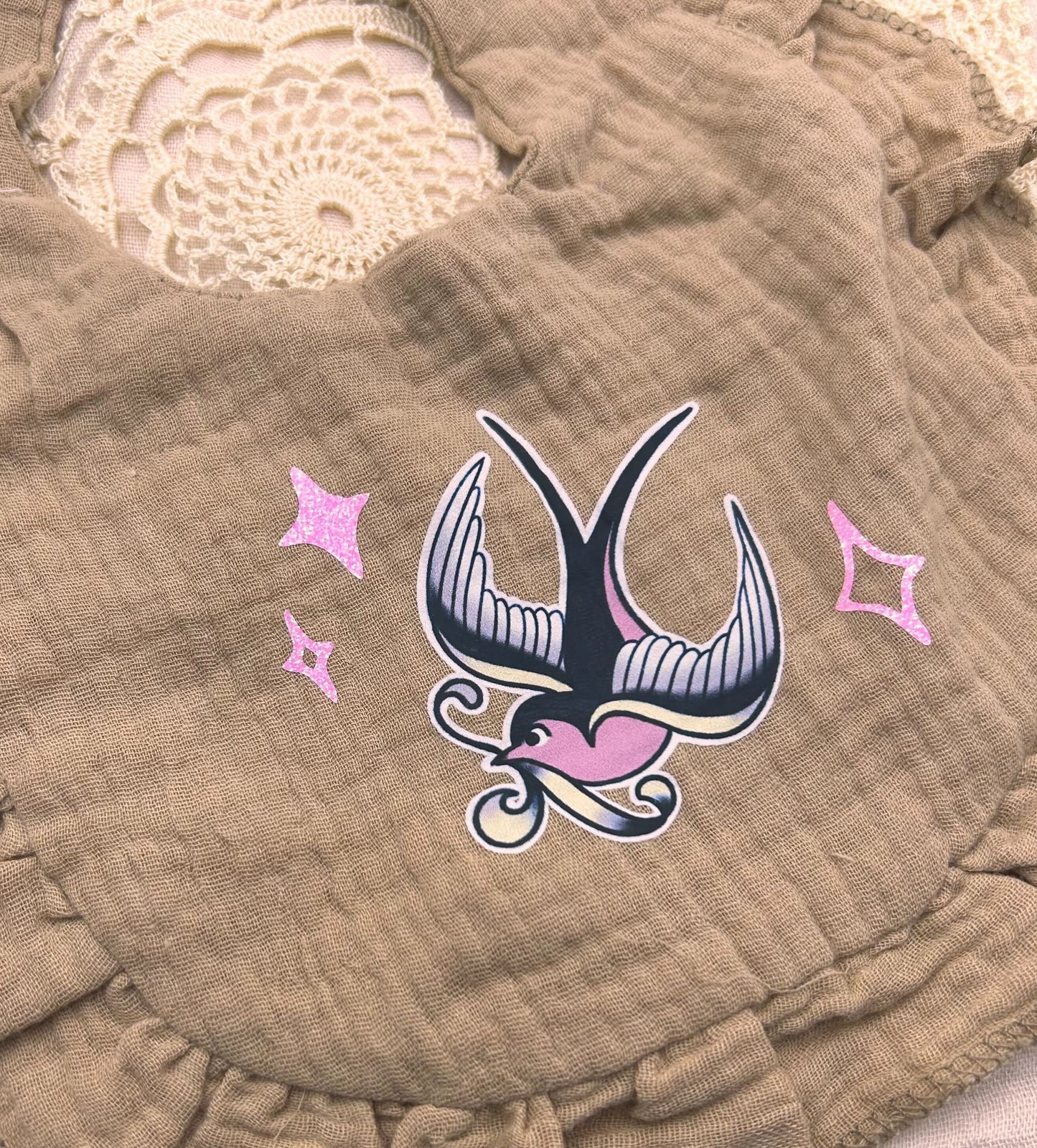 Muslin Frill Bib - Brown Swallow with Sparkles