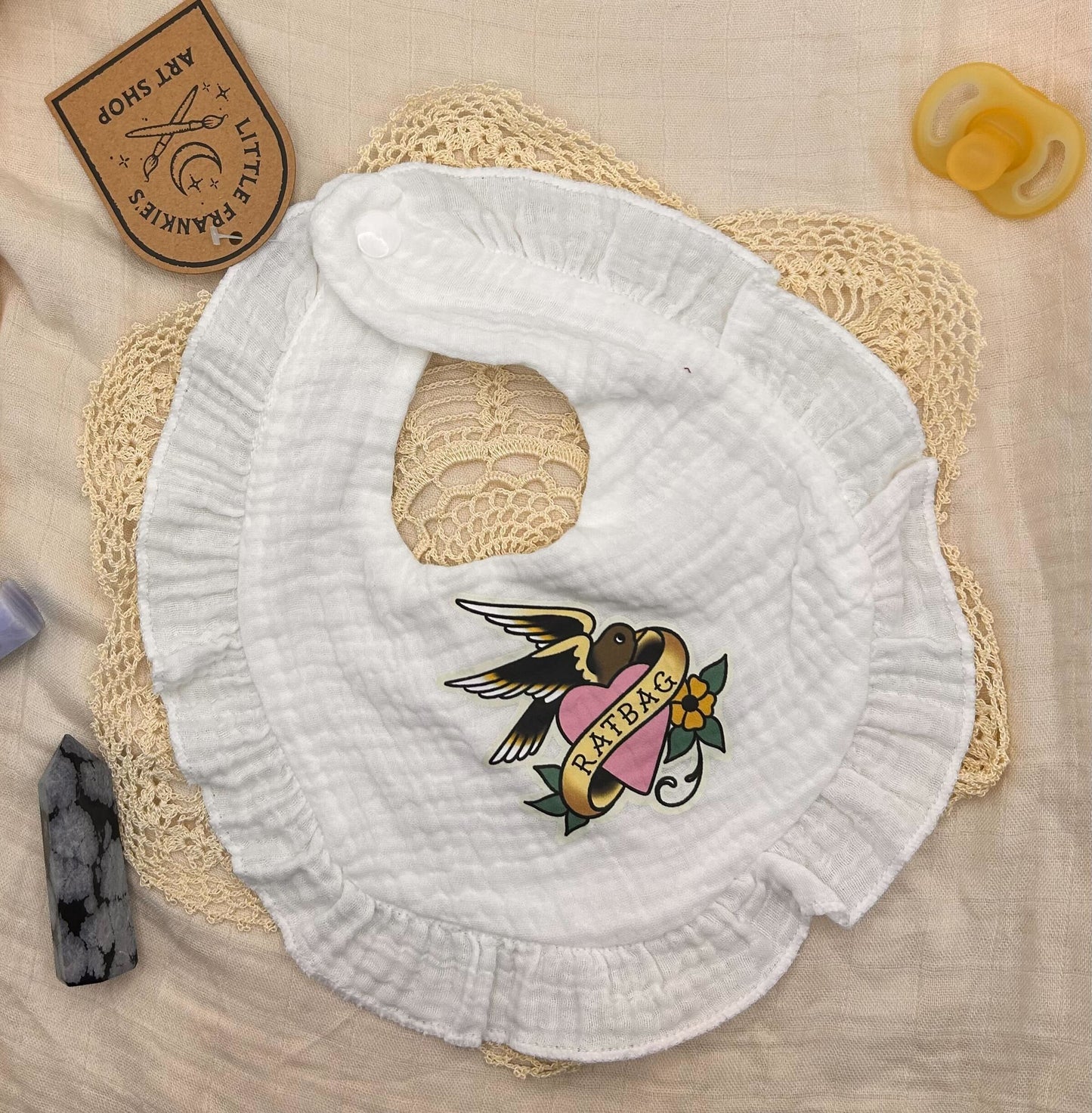 Muslin Frill Bib - White 'Ratbag'
