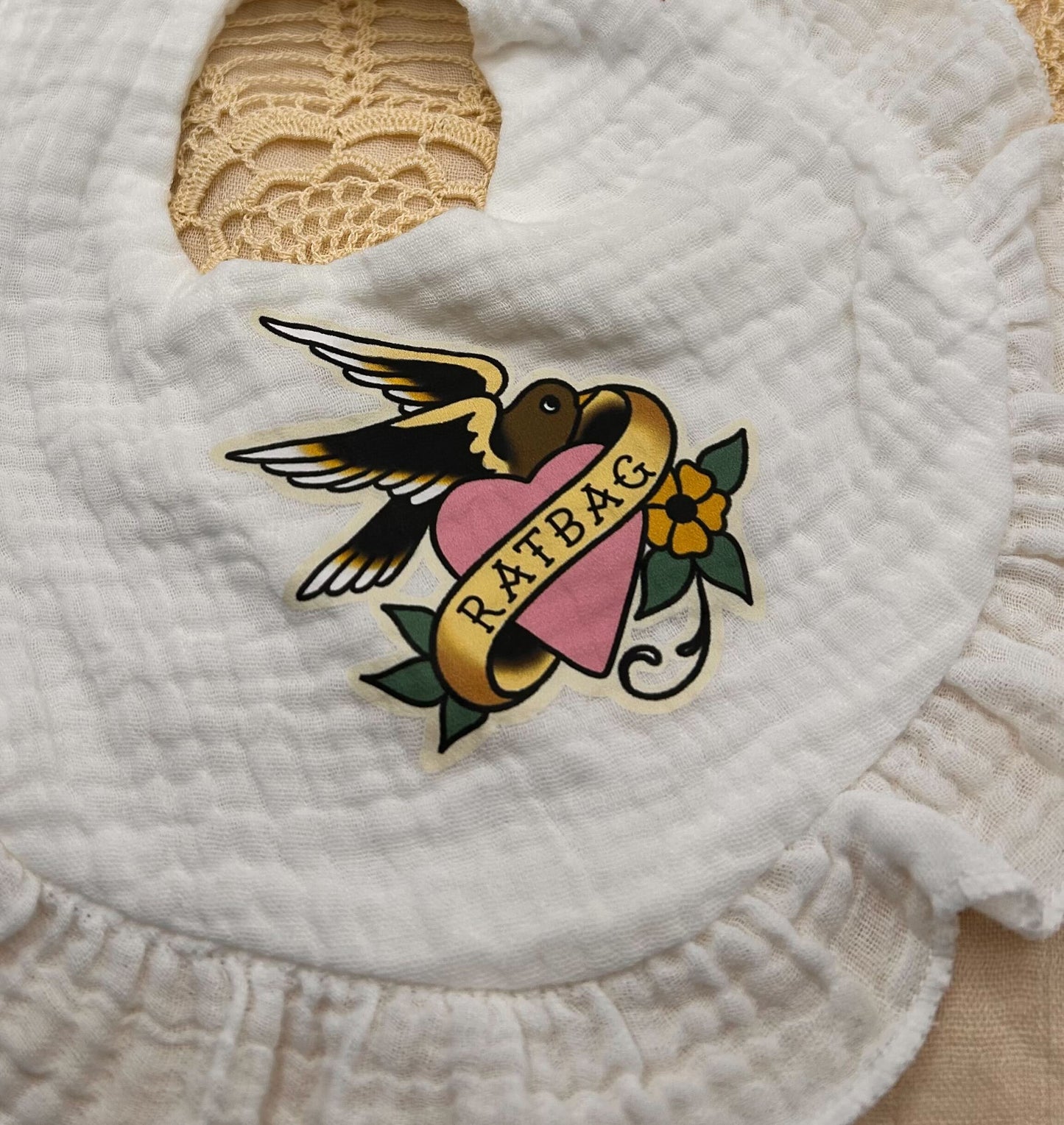 Muslin Frill Bib - White 'Ratbag'