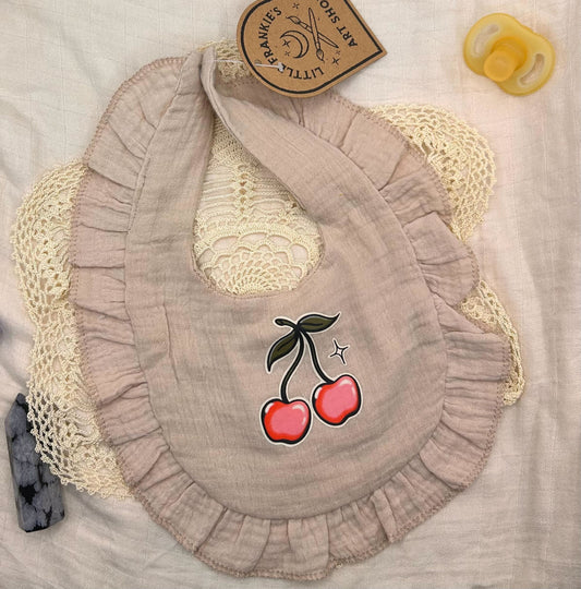 Muslin Frill Bib - Beige Cherry