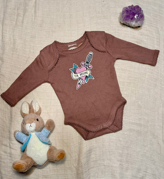 Organic Cotton Onesie - Long Sleeve - Mauve 'Ya Mum'