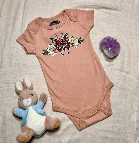Short Sleeve Onesie - Butterfly and Flowers - Brown
