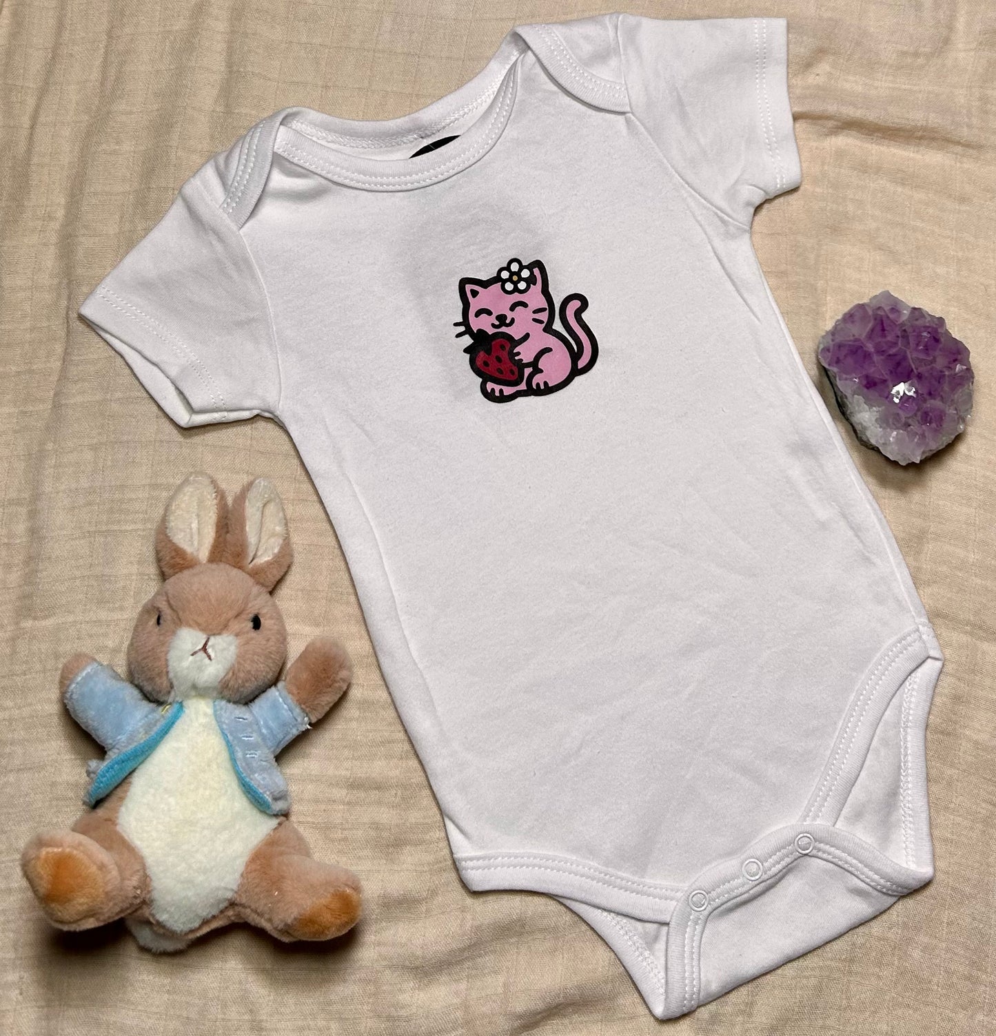 Short Sleeve Onesie - Strawberry Kitty - White