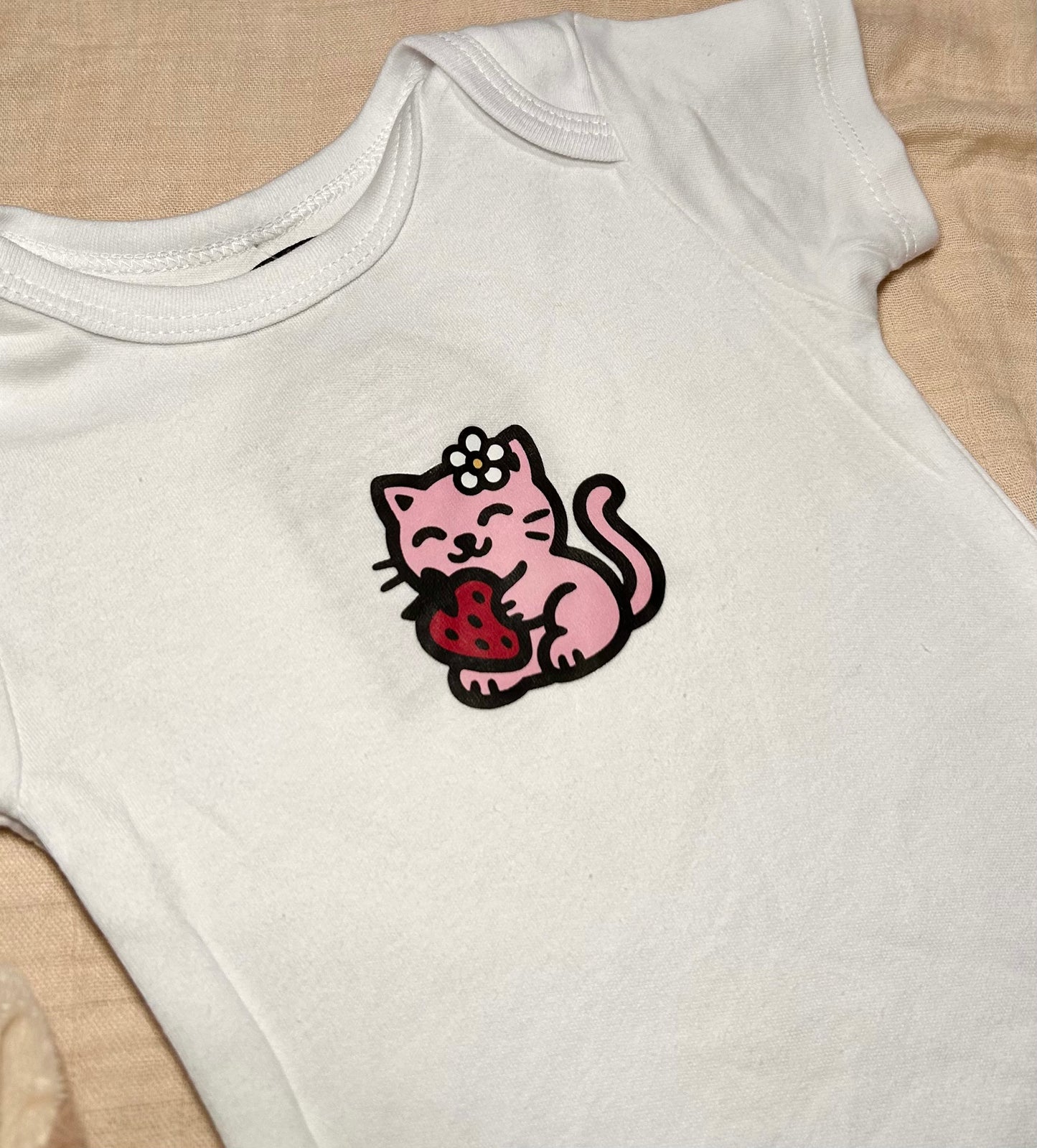 Short Sleeve Onesie - Strawberry Kitty - White
