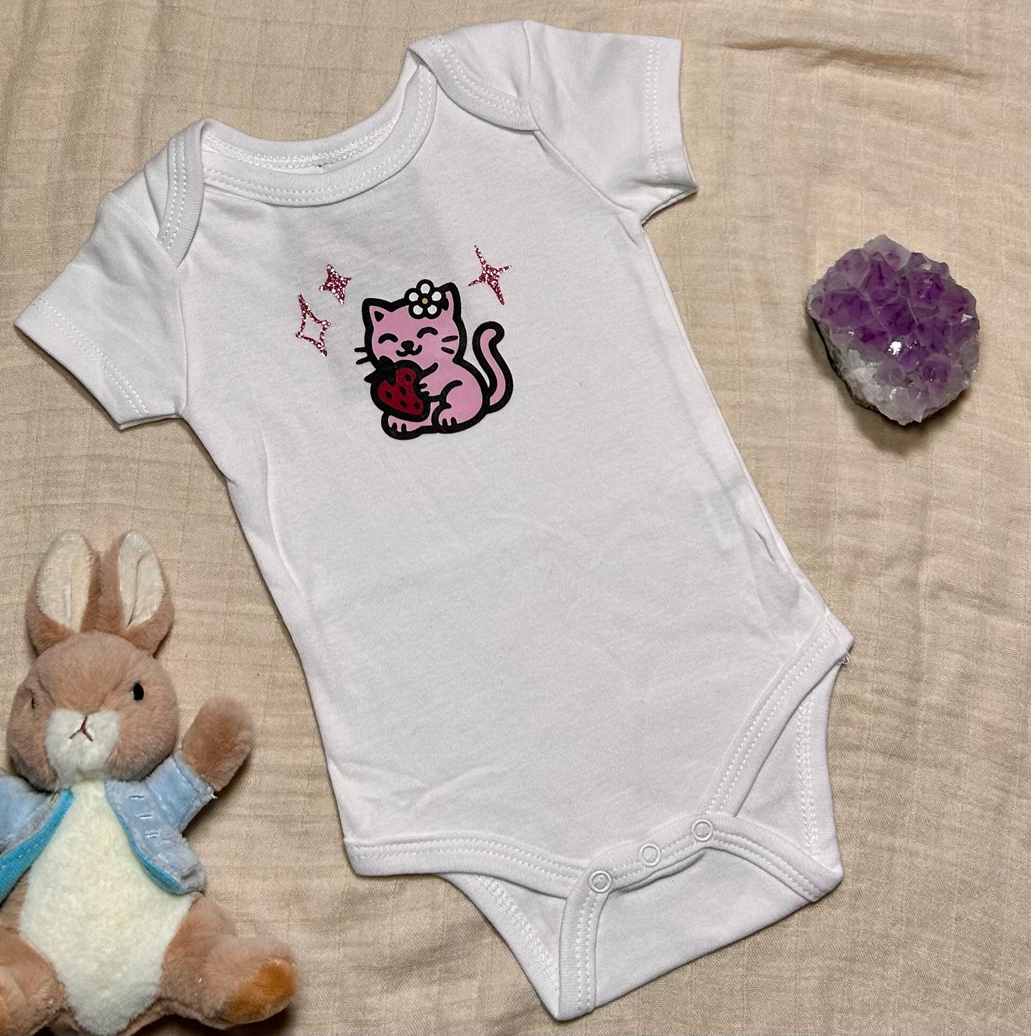 Short Sleeve Onesie - Strawberry Kitty - White