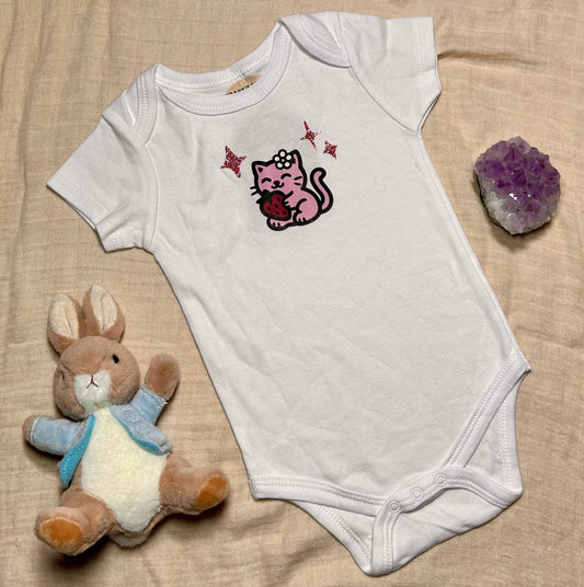 Short Sleeve Onesie - Strawberry Kitty Sparkles V3 - White