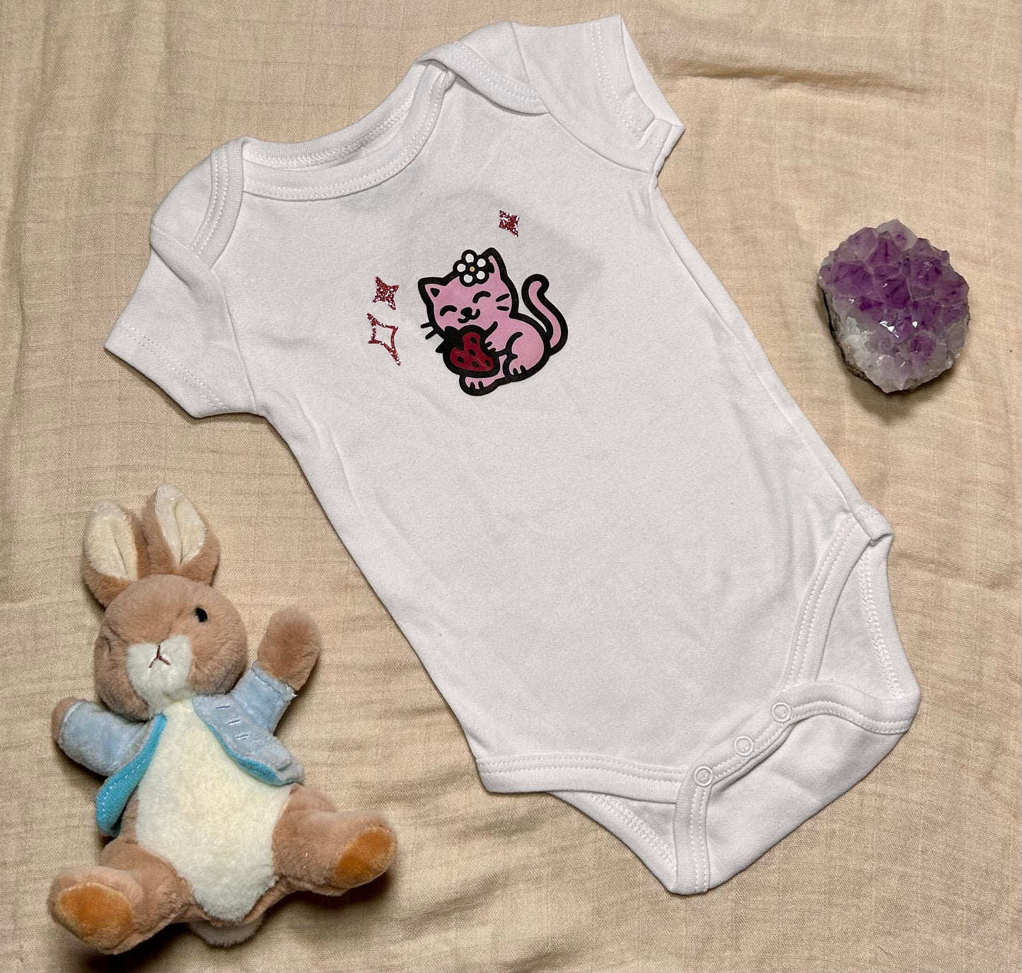 Short Sleeve Onesie - Strawberry Kitty Sparkles V1 - White