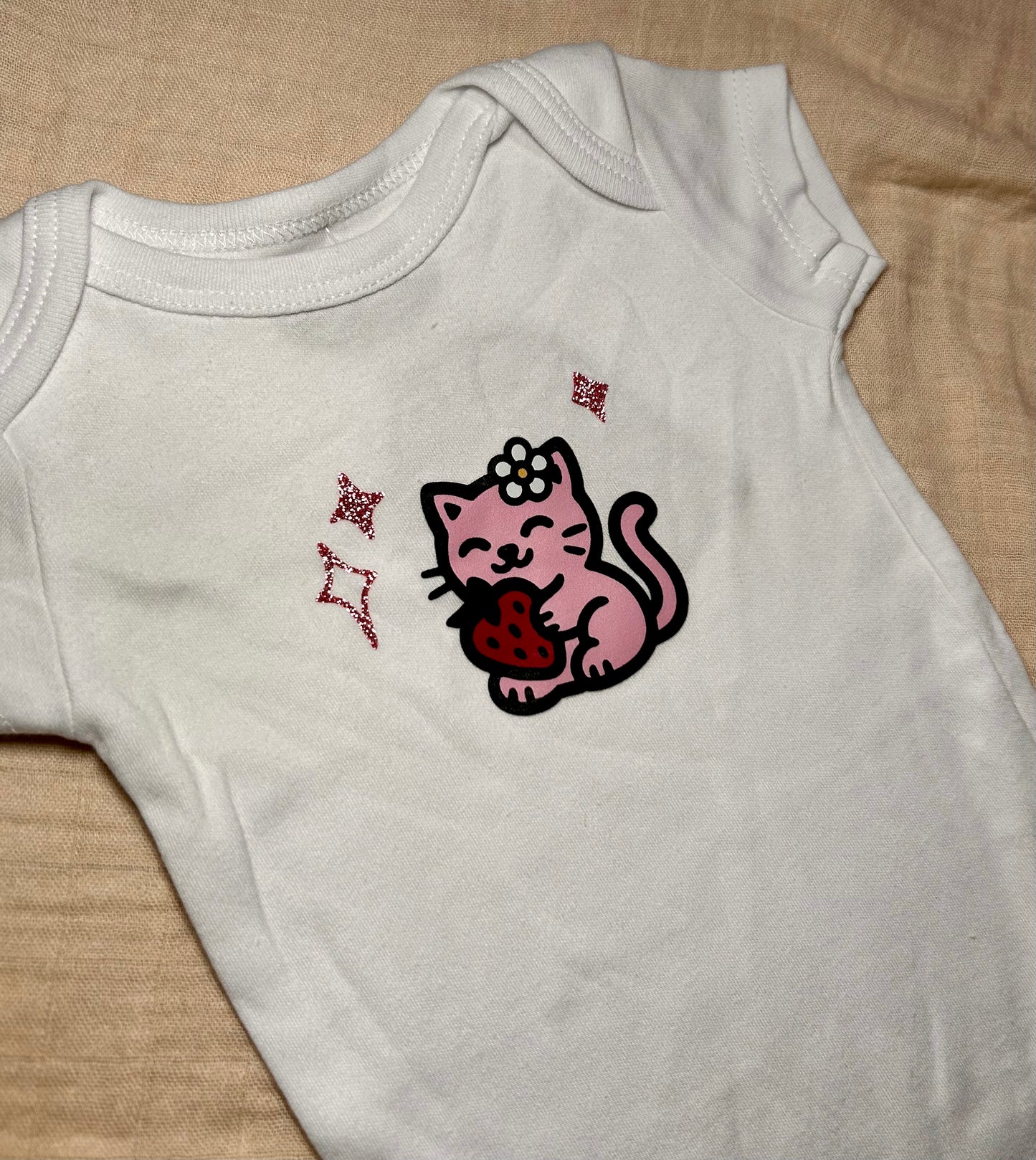Short Sleeve Onesie - Strawberry Kitty Sparkles V1 - White