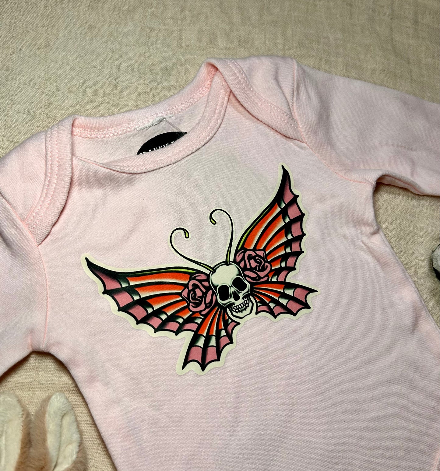 Long Sleeve Onesie - Pink Skull Butterfly