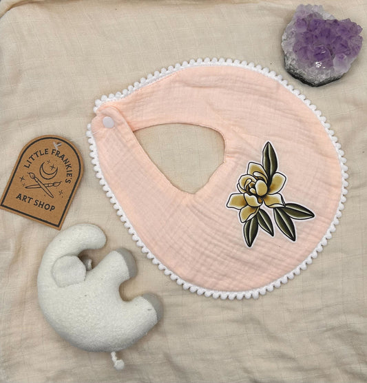 Muslin Pom-Pom Bib - Pink Flower