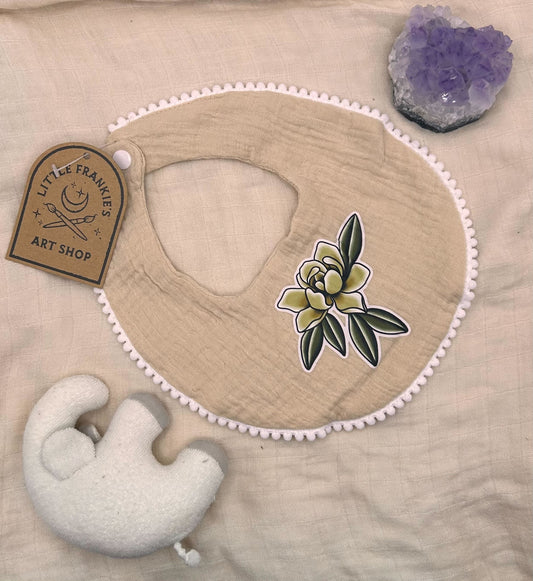 Muslin Pom-Pom Bib - Beige Flower