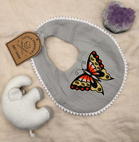 Muslin Pom-Pom Bib - Grey Butterfly