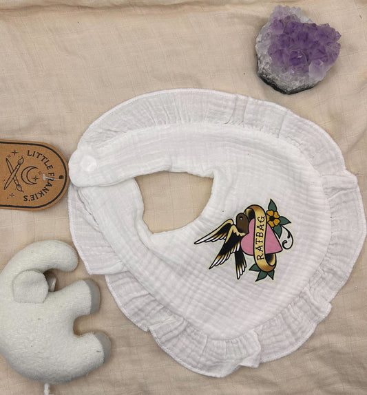 Muslin Frill Bib - White 'Ratbag'