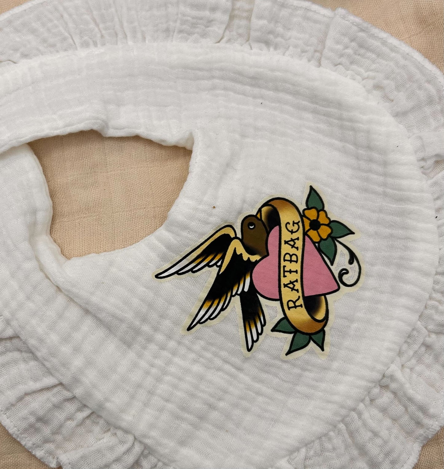 Muslin Frill Bib - White 'Ratbag'