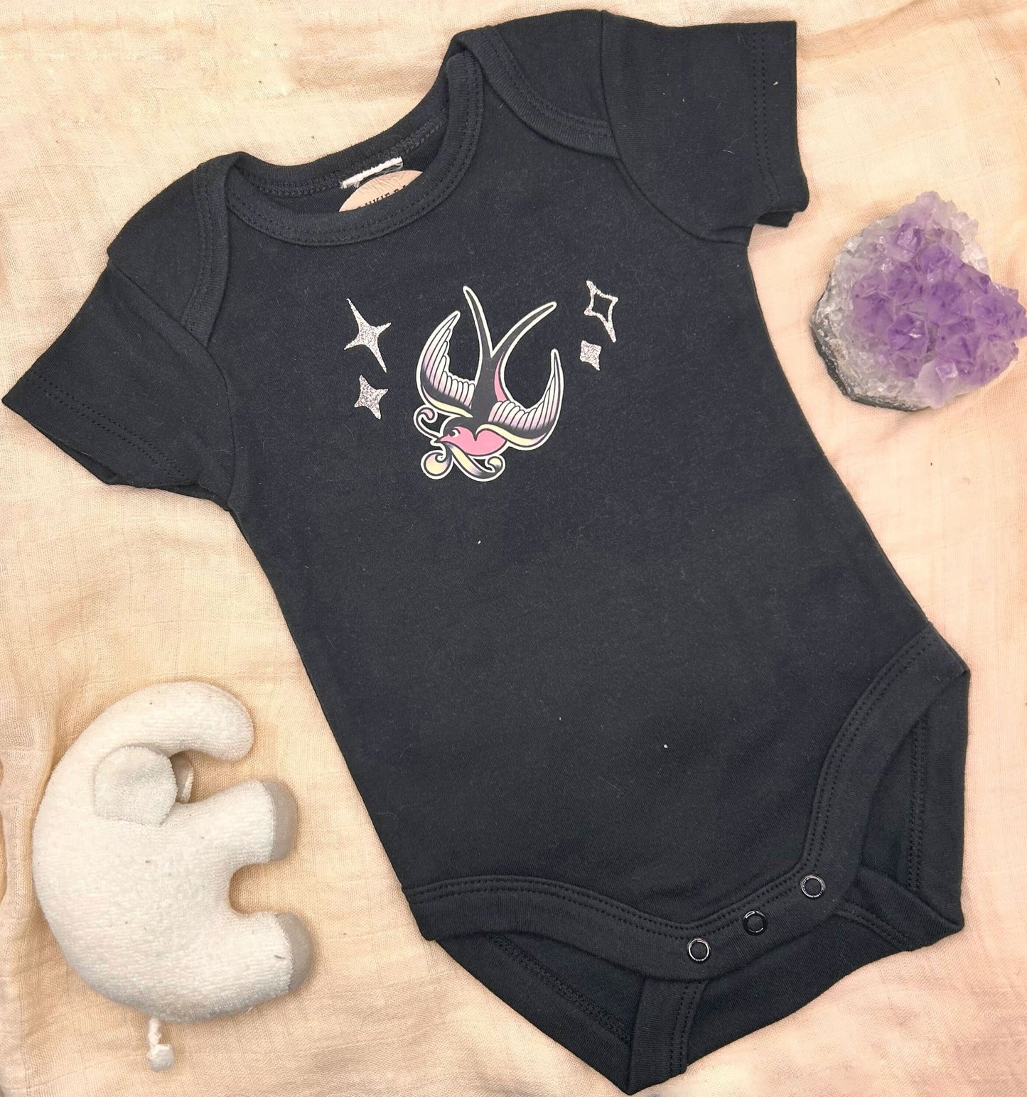 Short Sleeve Onesie - Swallow with Sparkles - Black
