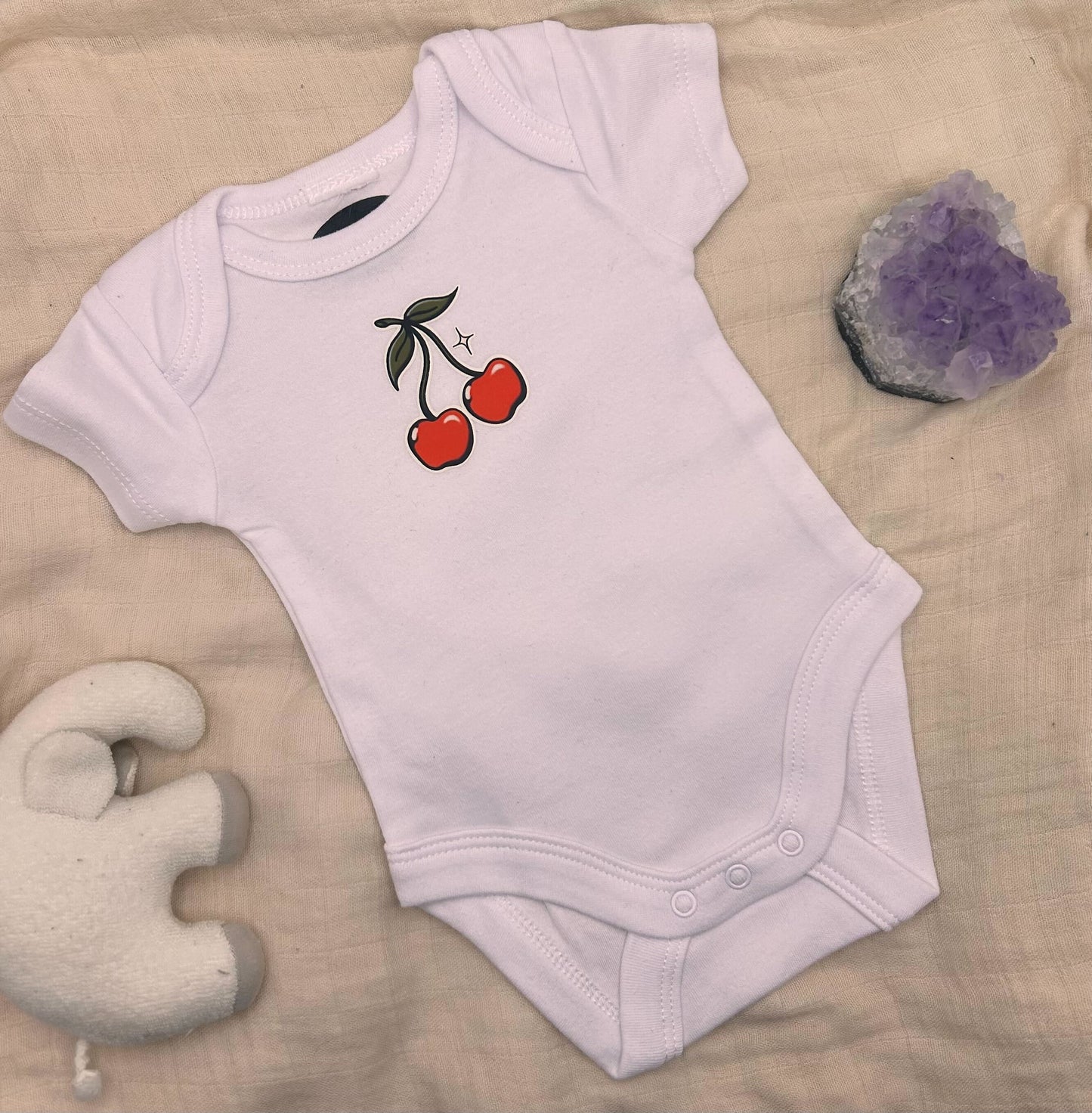 Short Sleeve Onesie - Cherries - White
