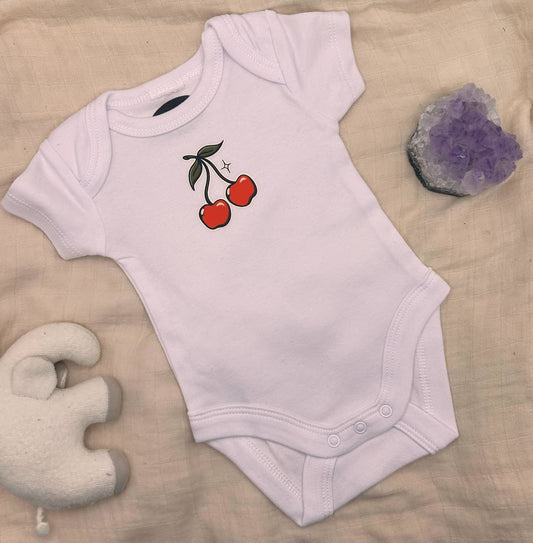 Short Sleeve Onesie - Cherries - White