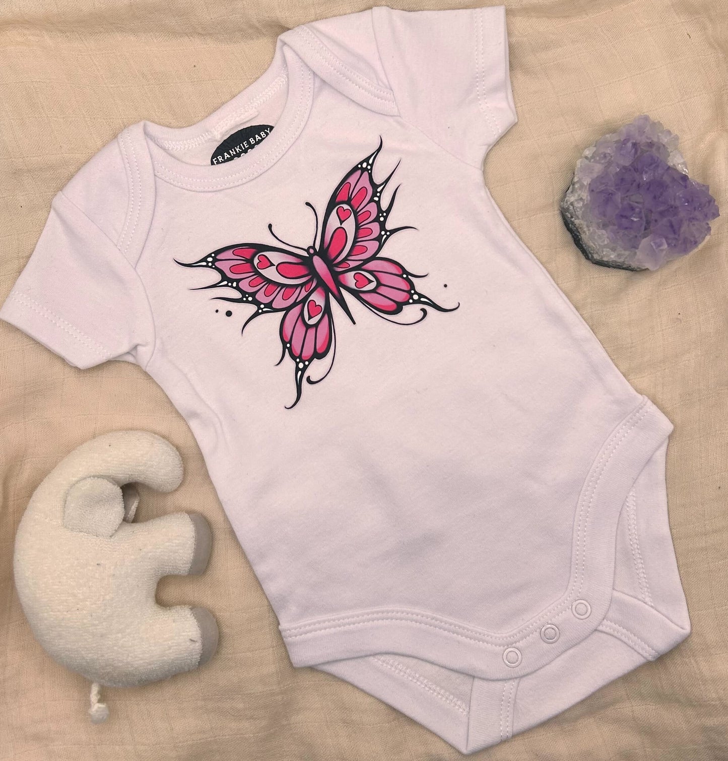 Short Sleeve Onesie - Pink Butterfly - White