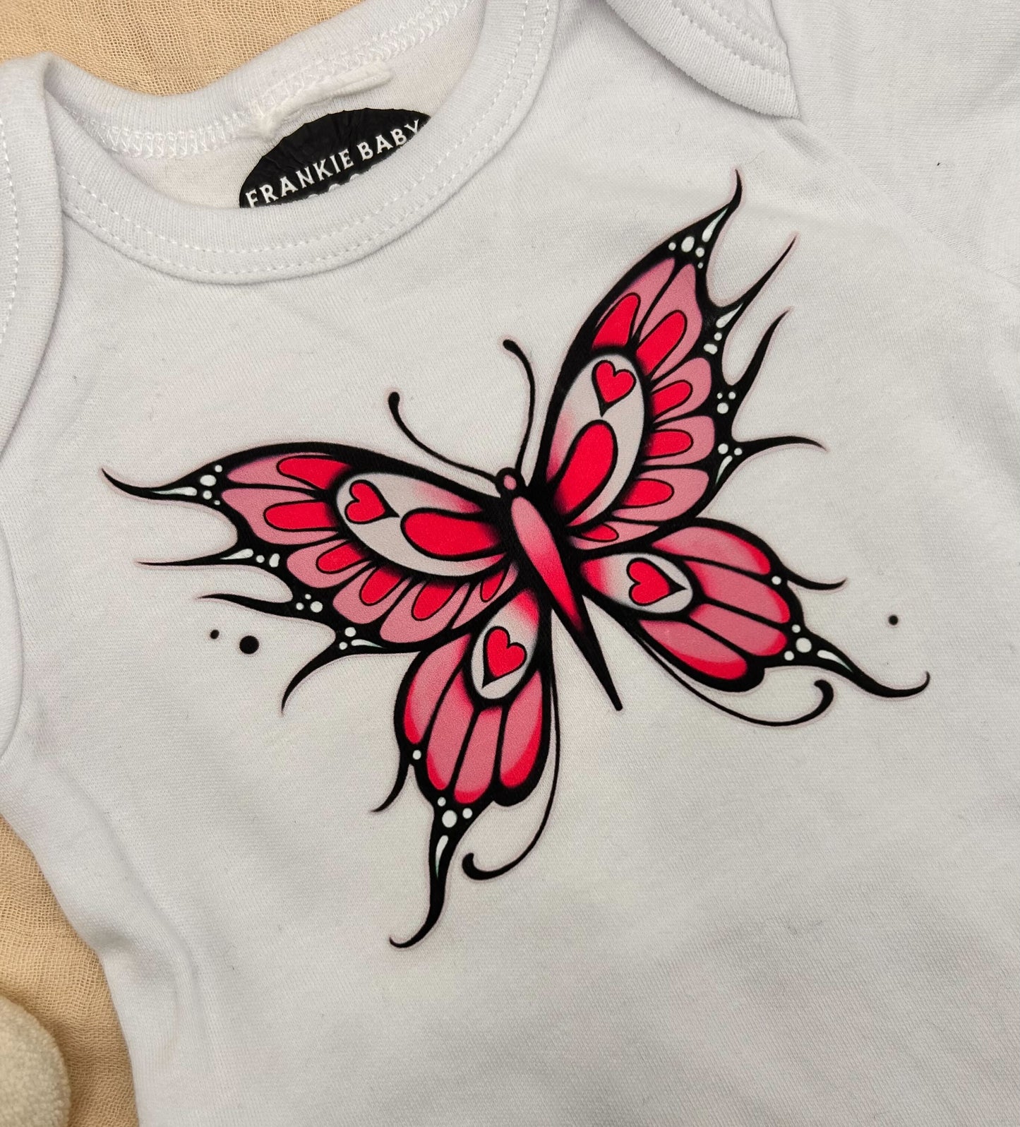 Short Sleeve Onesie - Pink Butterfly - White