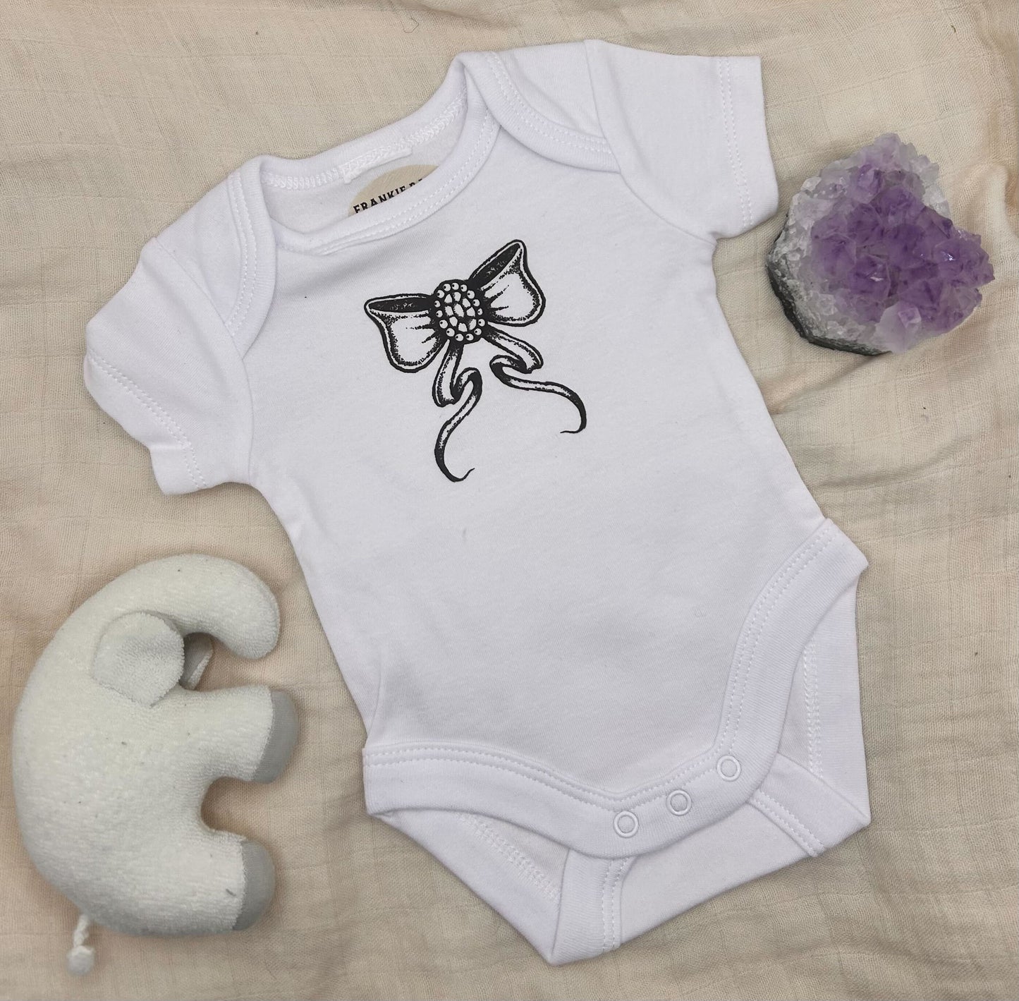 Short Sleeve Onesie - Black Bow - White