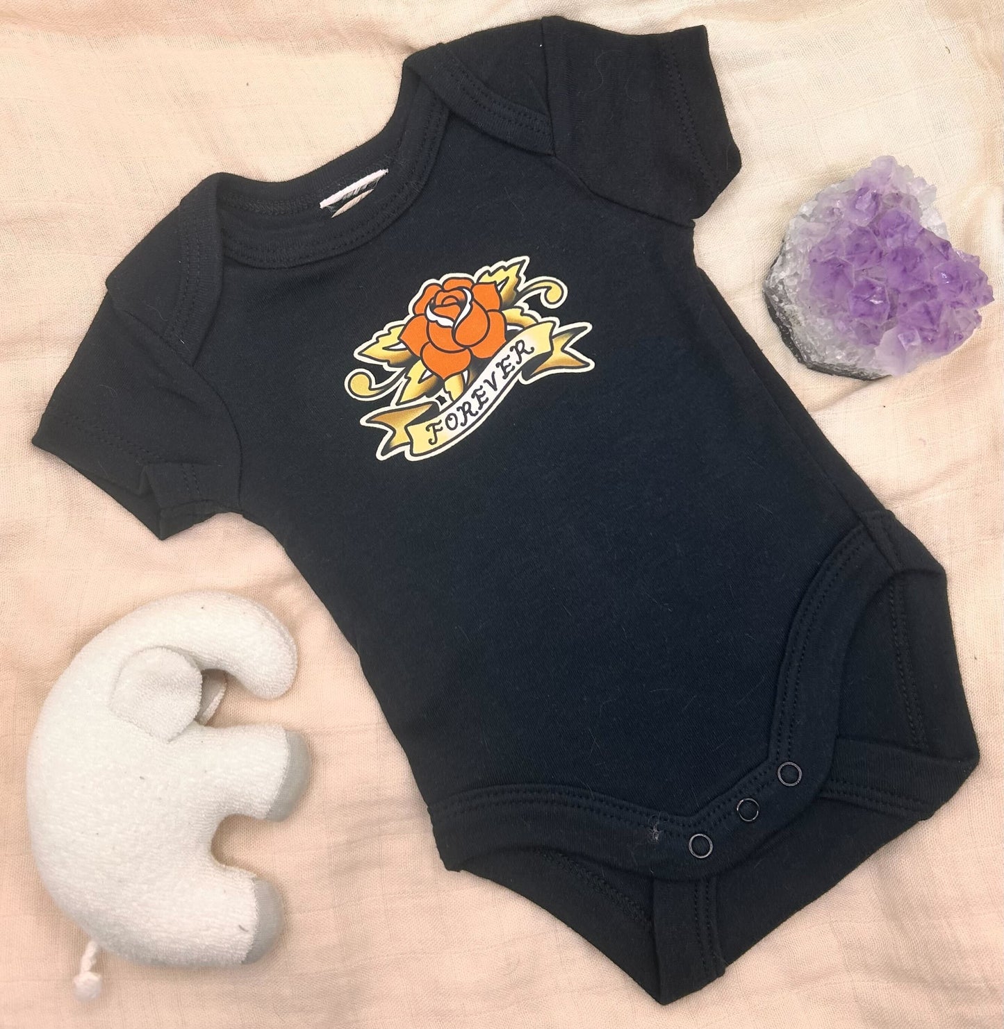 Short Sleeve Onesie - 'Forever' Rose - Black