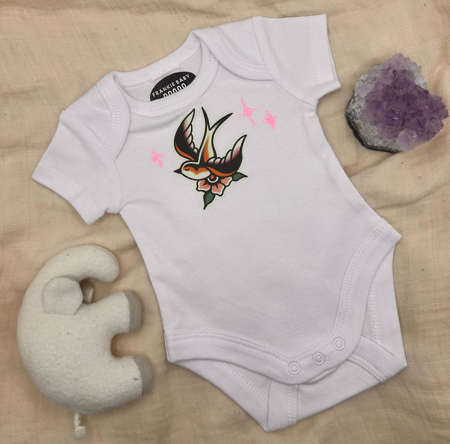 Short Sleeve Onesie - Swallow with Sparkles - White
