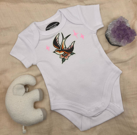 Short Sleeve Onesie - Swallow with Sparkles - White