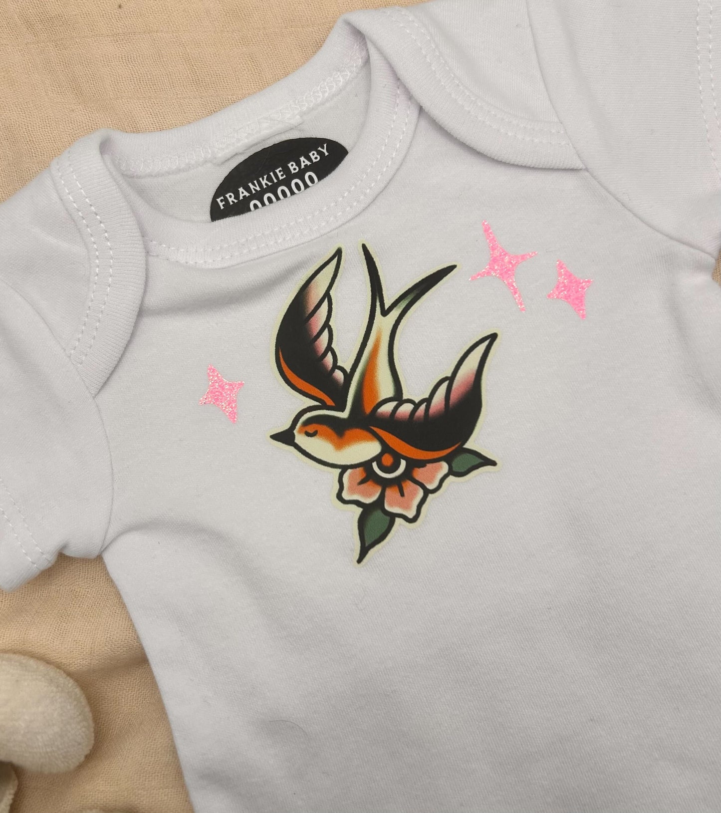 Short Sleeve Onesie - Swallow with Sparkles - White