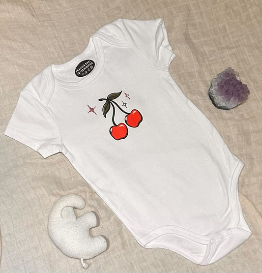 Short Sleeve Onesie - Cherry with Sparkles - White