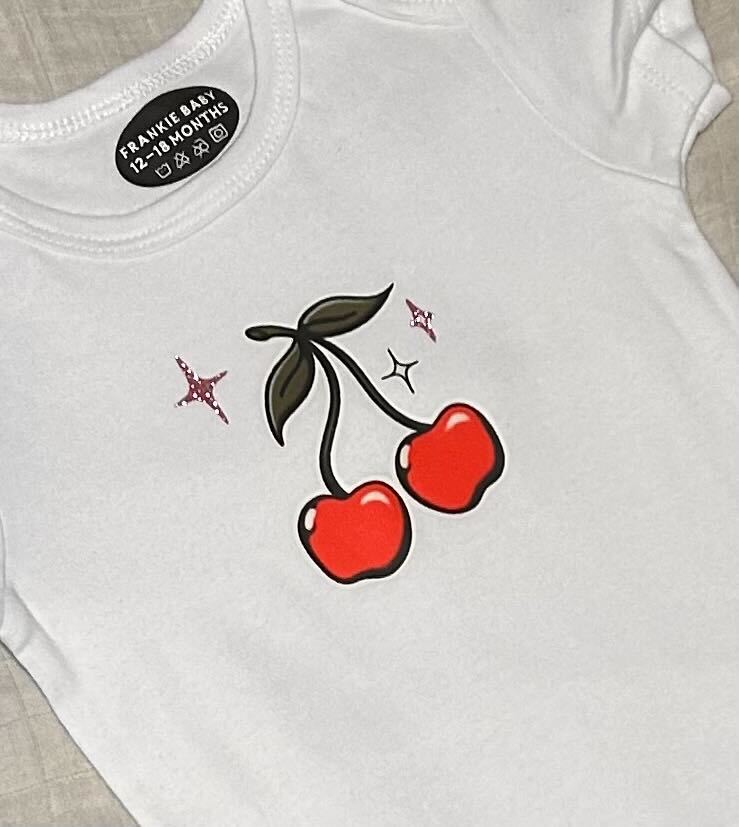 Short Sleeve Onesie - Cherry with Sparkles - White